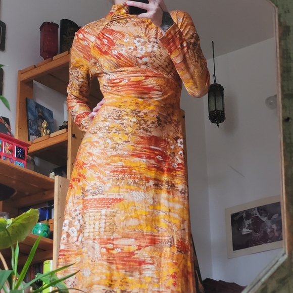 Vintage Dresses & Skirts - Vintage 70s Wm.G Junior Originals Orange Floral Maple Leaf Long Sleeve Dress - S